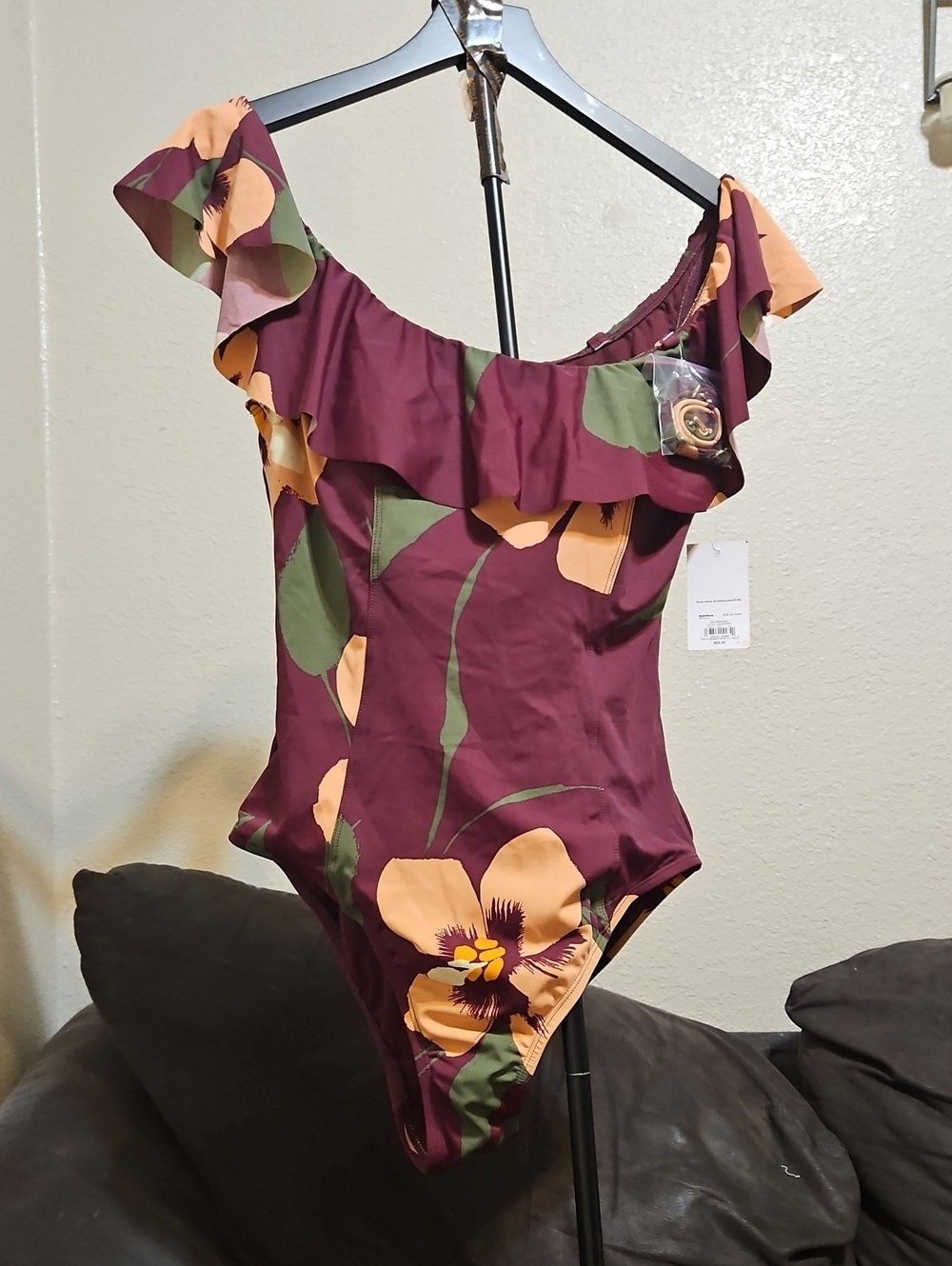 EVRI Plum Floral Off-Shoulder Ruffle One-Piece Swimsuit